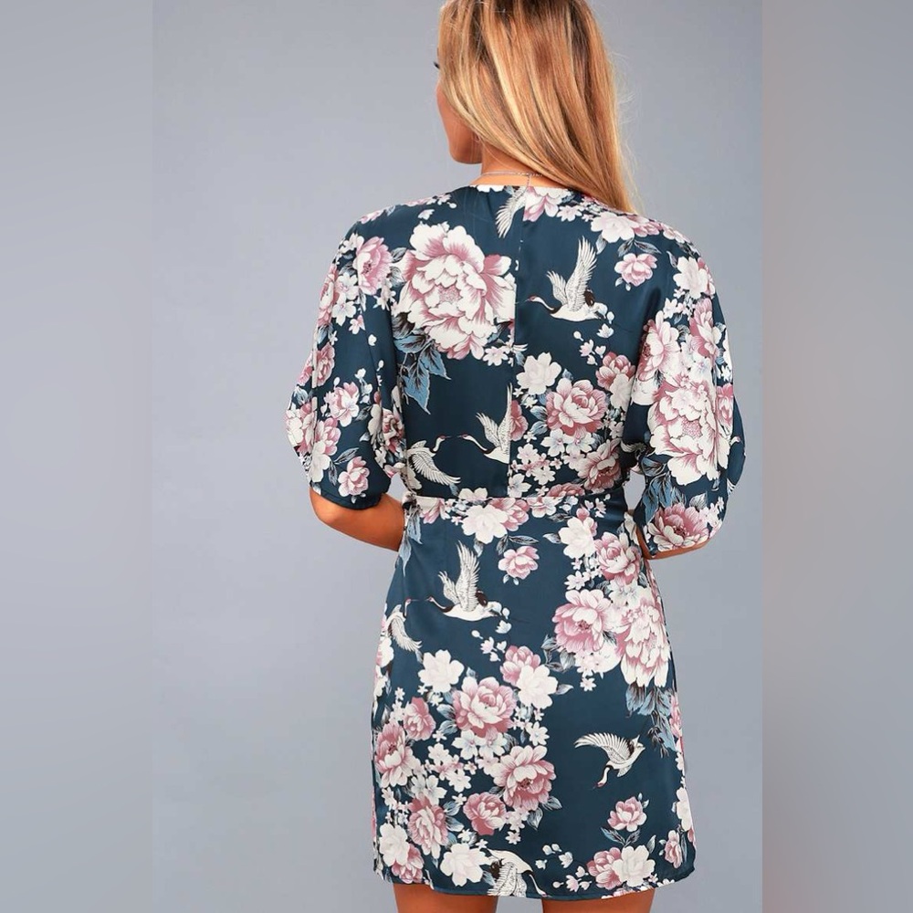 Lulu's Navy Floral Wrap Dress Women’s Small - Picture 3 of 9